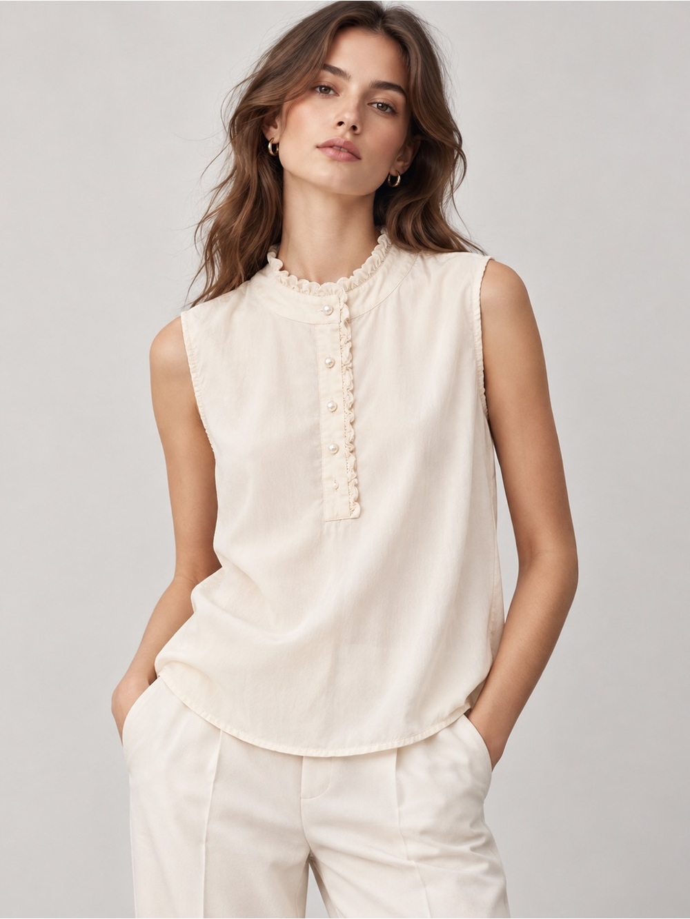 Claudie Pierlot Cream Silk Sleeveless Victorian Collar blouse
